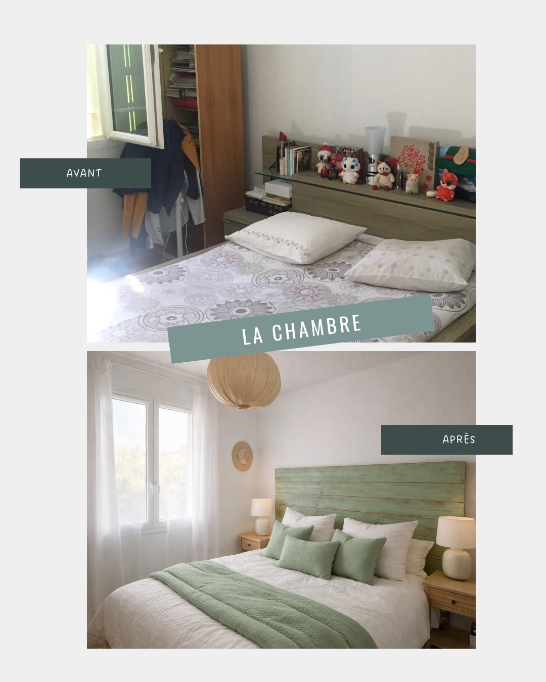 Avant / Après — la chambre&nbsp;: tête de lit céladon, lin lavé et lumière retrouvée